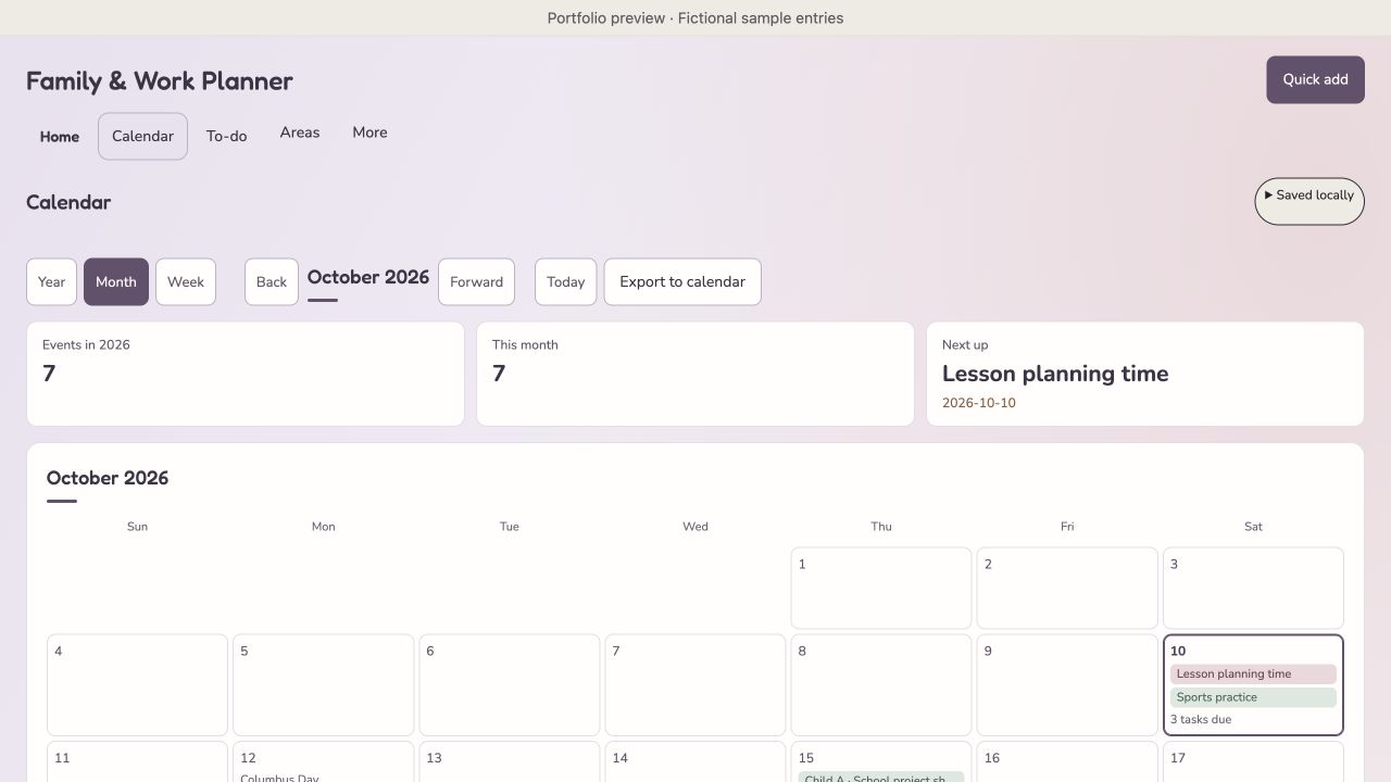 Family and work planner calendar with fictional appointments and deadlines
