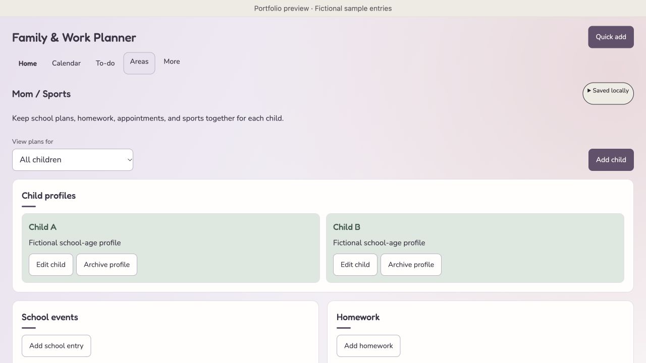 Family planner with fictional Child A and Child B profiles, school plans and appointments