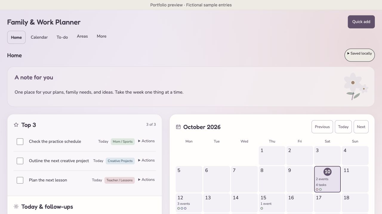 Family and work planner Home with fictional tasks, Top 3 priorities and a month calendar